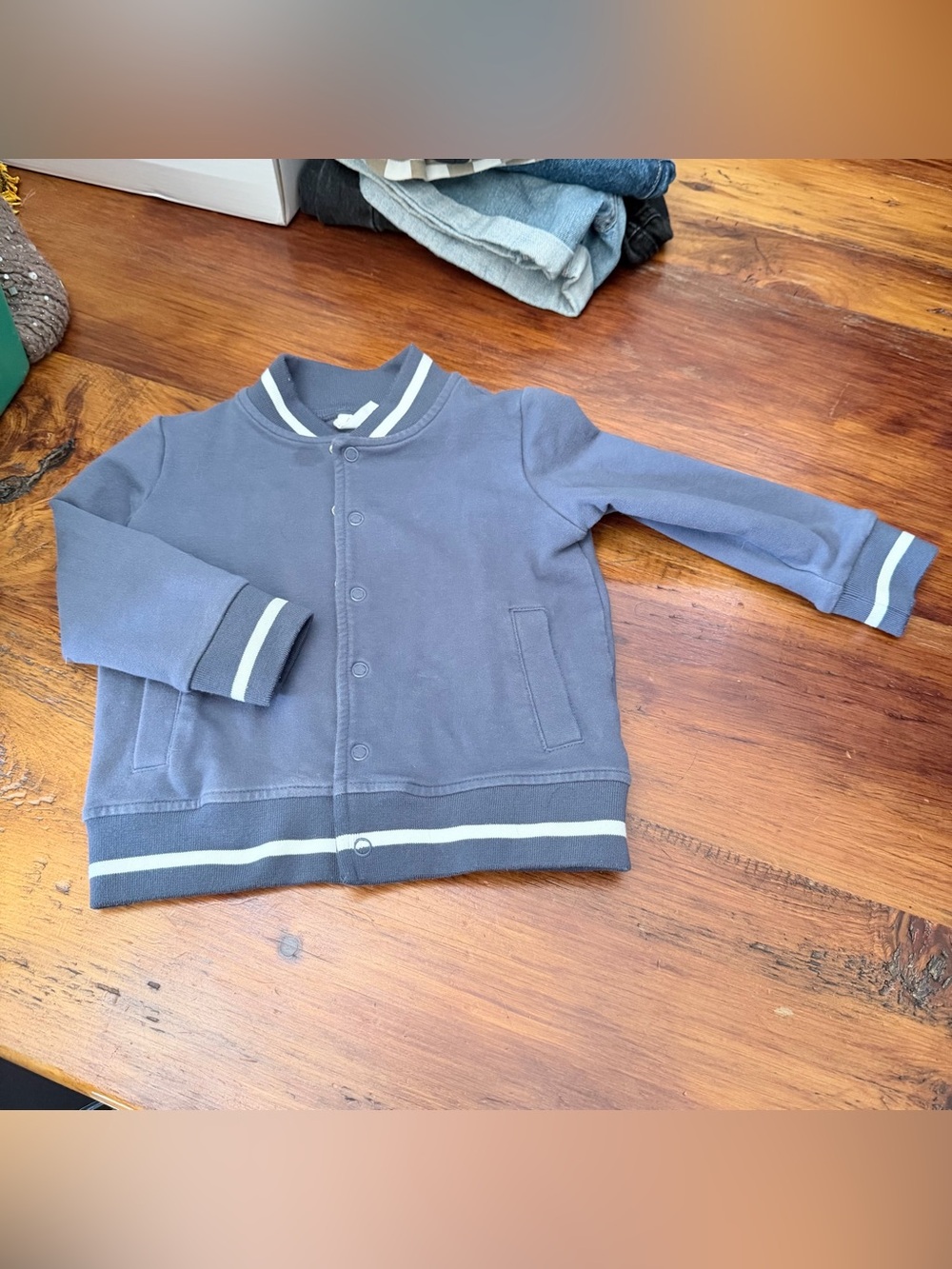 Angel Dear Slate Blue Kids Snap-Front Bomber Jacket with Cream Stripes